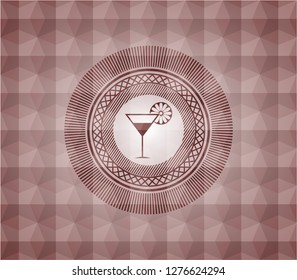 cocktail glass icon inside red geometric pattern emblem. Seamless.