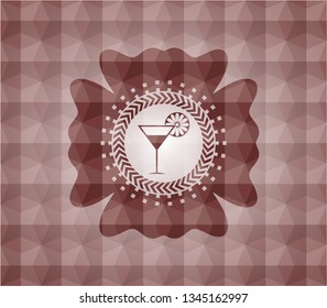 cocktail glass icon inside red emblem with geometric background. Seamless.