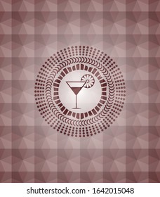 cocktail glass icon inside red emblem with geometric background. Seamless.