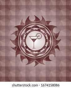 cocktail glass icon inside red seamless geometric pattern emblem. Seamless.