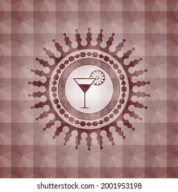 cocktail glass icon inside red seamless emblem with geometric background. 