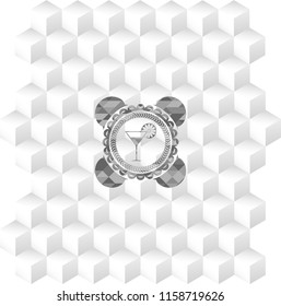 cocktail glass icon inside retro style grey emblem with geometric cube white background