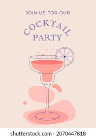 Cocktail glass icon invitation illustration, flat minimalistic design. Invitation for cocktail party