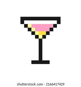 Cocktail glass icon in pixel art design isolated on white background, vector sign symbol