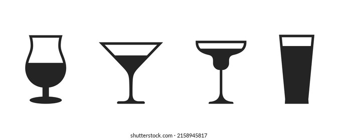 cocktail glass icon set. liquor and drink symbols. isolated vector images in simple style