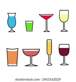 Conjunto de iconos de vidrio de cóctel. Ilustración vectorial en estilo plano.