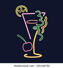 Cocktail glass with lemon in neon style. Isolated on a dark background. Vector illustration.