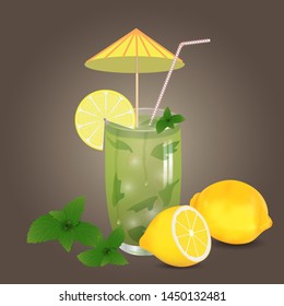 cocktail in glass with lemons and mint in dark
