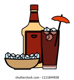 cocktail glass and liquor bottle with ice cubes