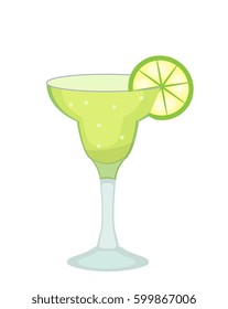 Cocktail glass for Margarita and tequila with lime slice icon flat, cartoon style. Drink isolated on white background. Alcoholic cocktail. Vector illustration