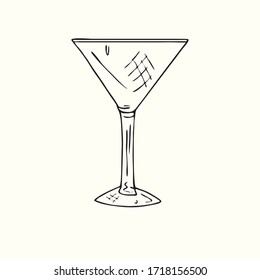 Cocktail glass (martini) isolated, outline simple doodle drawing, gravure style, design element