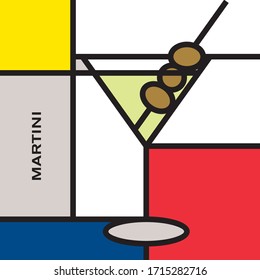 Cocktail glass with Martini cocktail. Modern style art with rectangular color blocks. Cocktail with olive fruit. Piet Mondrian style pattern. svg