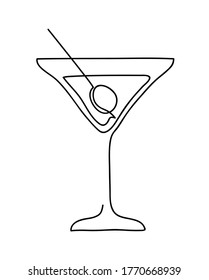 Cocktail Glass With Martini And Olive. Wineglass Outline Silhouette Isolated On White Background. Continuous Line Art Drawing Style. Hand Drawn Vector Illustration