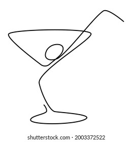 Cocktail glass with martini, straw and olive. Continuous outline black silhouette isolated on white background. art drawing style. vector illustration