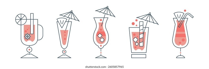 Cocktail Glass Minimal Thin Line Design Vector Set