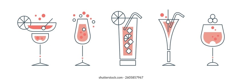 Cocktail Glass Minimal Thin Line Design Vector Set
