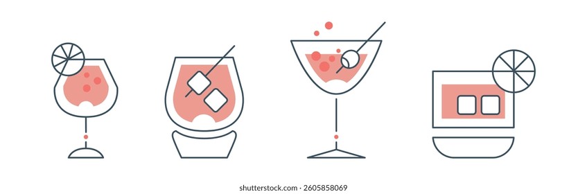 Cocktail Glass Minimal Thin Line Design Vector Set