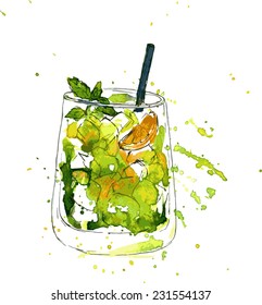Cocktail glass with mint and orange, drawing by watercolor and ink, hand drawn vector illustration