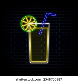 Cocktail glass neon icon. Summer party concept. Night bar signboard. Glowing effect banner. Editable stroke. Vector stock illustration.