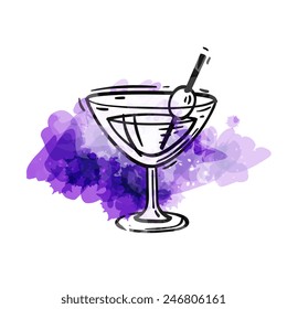 Cocktail glass with olive on blue watercolor background. Hand drawn sketch style, isolated color vector art illustration icon. Design for stickers, logo, web and mobile app.