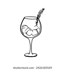 cocktail in a glass on a long stem with ice and a sprig. hand drawn cocktail drawing