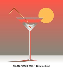 Cocktail in the glass on the summer sunset, near ocean, minimalism, retro