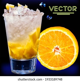 Cocktail glass with orange fruit slices and ice. Realistic 3D vector alcohol citrus juice.