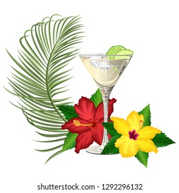 Cocktail in glass with palm leaves and hibiscus flowers, vector illustration for summer party design.