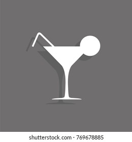 Cocktail glass with a cocktail and a piece of lemon. Vector icon.