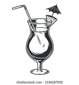 Cocktail glass pina colada with umbrella pineapple and straw monochrome vector
