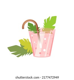 Cocktail in a glass. A glass glass with a pink drink with a brown tube. Greens in a glass. The background isolate.