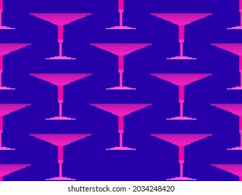 Cocktail glass seamless pattern. Martini glass pixel art. 8 bit graphic in the style of video games from the 90s. Design for printing, wrapping and advertising. Vector illustration