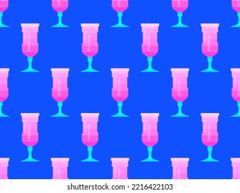 Cocktail glass seamless pattern. Martini glass pixel art. 8 bit graphic in the style of video games from the 90s. Design for printing, wrapping and advertising. Vector illustration