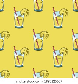 Cocktail glass Seamless Pattern Vector. Yellow background.