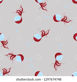 Cocktail glass. Seamless pattern Wine glass with red wine with splashes