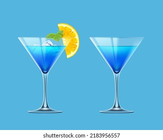 Cocktail glass set. 3d illustration of two cocktail glasses one with ice cubes, mint leaves and orange slice, and another with only drink.