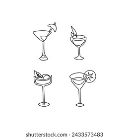 Cocktail glass set, beverage icons, summer tropical alcohol, restaurant, logo, element design, night club sign, continuous line drawing, neon, tattoo, single line on white background, isolated vector.