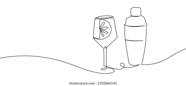 Copo de coquetel e coquetel shaker, uma linha contínua Estilo linear simples minimalista. Ilustração de contorno de vetor.