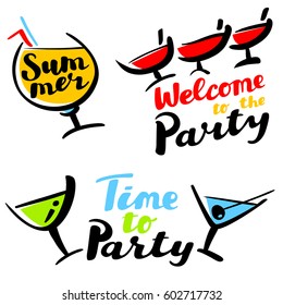 Cocktail glass silhouette with tubes and olive decoration. Time to party and Welcome to the party hand drawn calligraphic  lettering. Vector illustration. Design element for cards, t-shirts and tags