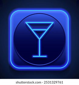 Cocktail glass simple icon vector. Flat design. Blue neon style on button. With shadow.ai