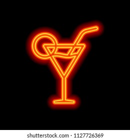 Cocktail glass. Simple linear icon with thin outline. Orange neon style on black background. Light icon