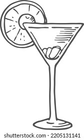 Cocktail glass sketch. Hand drawn summer drink