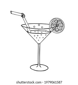 Cocktail in a glass with a slice of lemon and a straw on a white background.Vector drink can be used in the menu, textiles.Black and white hand drawing doodle style.