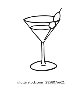 Cocktail glass with some decoration, hand drawn outline illustration. Luxury drink in a transparent cup with some berry fruit detail on a toothpick simple object logo decoration. Fresh clear liquid.