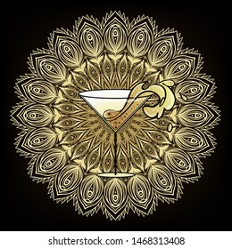 Cocktail glass with  splash. Art deco (1920's style) vintage invitation template design for drink list, bar menu, glamour event, thematic wedding, jazz party flyer. Vector art.