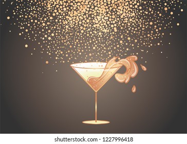 Cocktail glass with splash over gold  sparkling background. Art deco (1920's style) vintage invitation template design for drink list, bar menu, glamour event, thematic wedding.