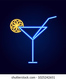 Cocktail glass with straw and decoration as slice of lemon, neon sign with glowing, poster with drink vector illustration isolated on blue background