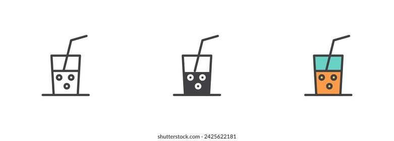 Cocktail glass with straw different style icon set. Line, glyph and filled outline colorful version, outline and filled vector sign. Bar symbol, logo illustration. Vector graphics
