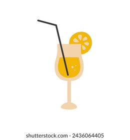 Cocktail in glass with straw and fruit slice vector illustration. Orange juice minimal art. Lemonade isolated on white background. Drink and beverage design element for restaurant bar pub menu