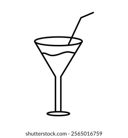 Cocktail glass with straw icon vector,simple flat black linear illustration for web and app..eps